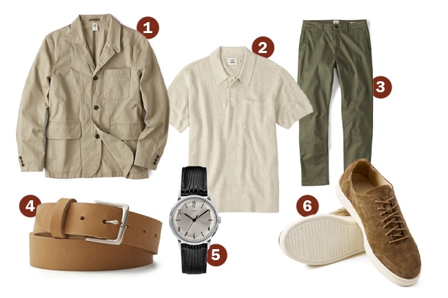 Casual outfit consisting of a beige jacket, light beige polo shirt, olive green pants, tan leather belt, watch with a black strap, and tan suede sneakers. Perfect Summer Smart Casual getup ideas for those warm days or informal summer weddings.