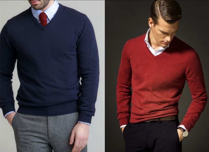 A men wearing 100% woolen blue sweater on left and red on right.
