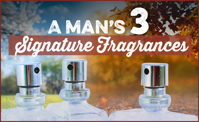 Three cologne bottles in front of a split background—blue sky and grass on the left, autumn leaves on the right; text reads "A Man's 3 Signature Fragrances." Discover the best men's cologne for every season.