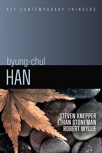 Book cover for "Byung-Chul Han" by Steven Knepper, Ethan Stoneman, and Robert Wyllie, featuring a maple leaf on smooth stones and the series title "Key Contemporary Thinkers.