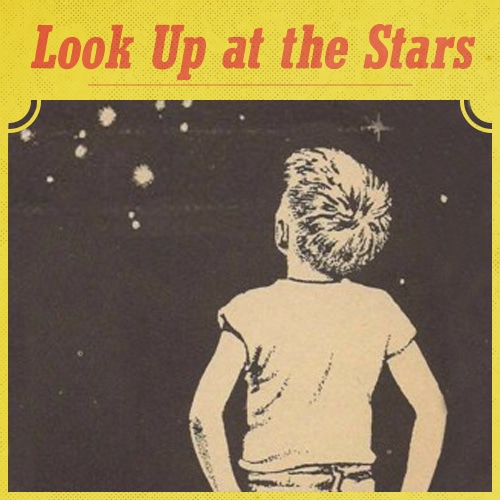 Boy looking at stars in night time illustration.