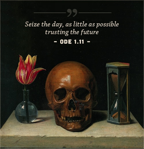 Ode 1.11, poem by horace seize, the day carpe diem with a cover of a skull,flower and a sand watch.
