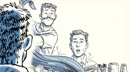 A cartoon of a man with a mustache and a bad haircut.