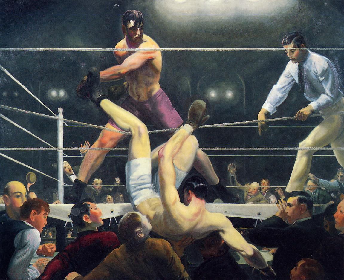 Dempsey and Firpo by George Bellows Boxers fighting together over and one fallen over the crowd out of ring illustration.