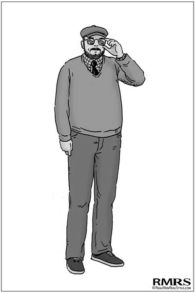 Formal bearded man wearing hat and shaded glasses by RMRS.