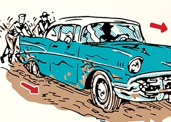 Two people demonstrating their "Skill of the Week" by pushing a blue vintage car with a flat tire to get their car unstuck.