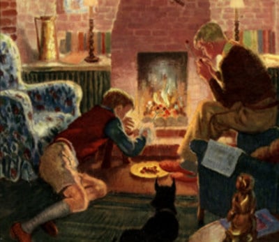 A painting of a man and a woman in front of an open fire.