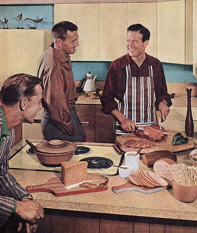 men cooking 1950s vintage illustration men cooking in kitchen.