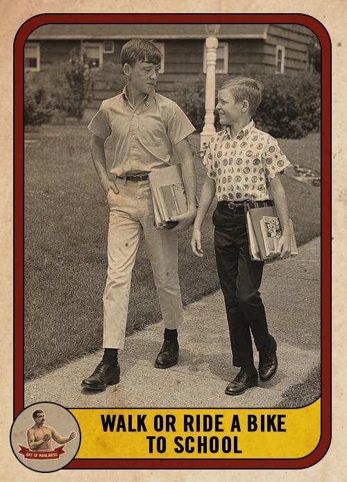 Vintage boys walking to school with books in hand.