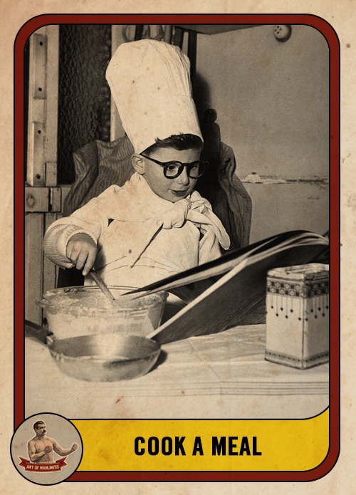 Vintage boy cooking and wearing chef's hat stirring ingredients in kitchen.