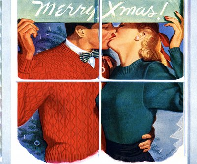 A romantic couple sharing a passionate kiss in front of a merry Christmas sign as they celebrate the holidays together.