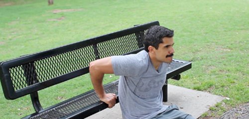 Vintage men doing dips exercise on the bench.