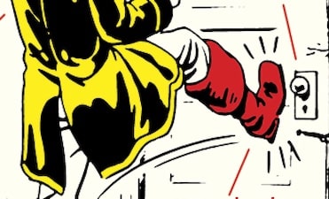 Illustration of a masked superhero in a yellow cape skillfully kicking to break down a door.