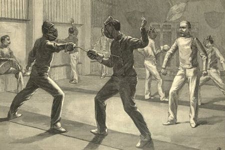 vintage fencing Vintage illustration fencing club men sparring.