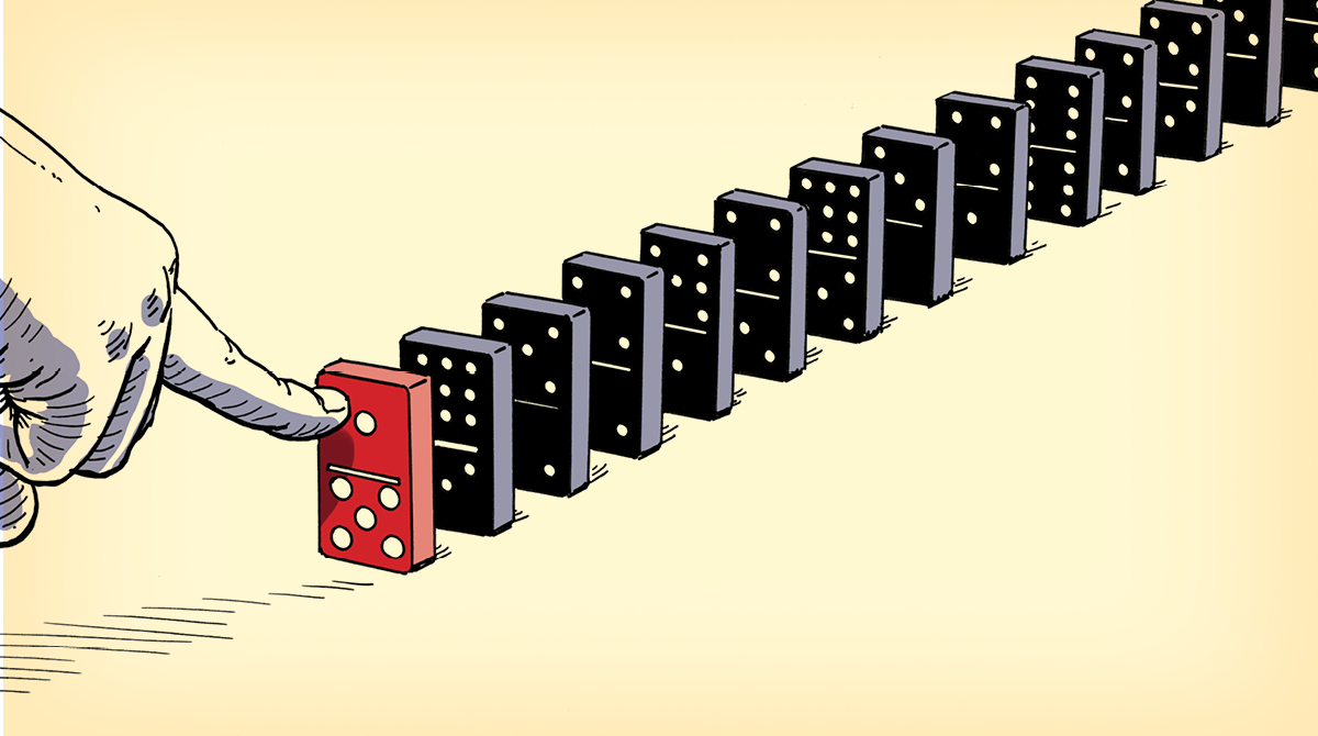 The first thing you notice is a hand pointing to a dominoes board.