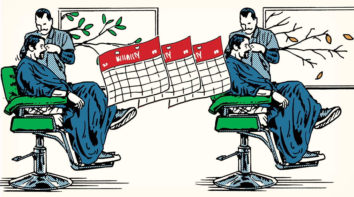 A man is sitting in a chair with a calendar, waiting for his haircut to last longer.