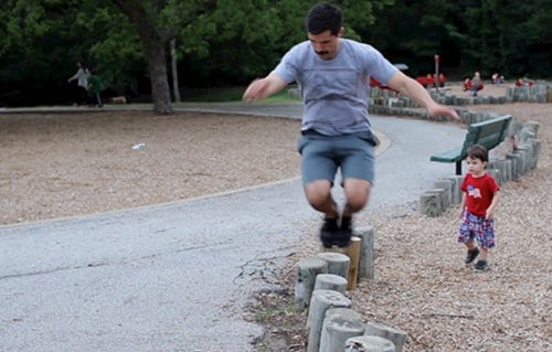 Vintage man doing exercise Lateral Leap.