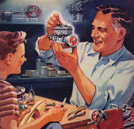 Vintage ad with son in garage workshop working on machines.