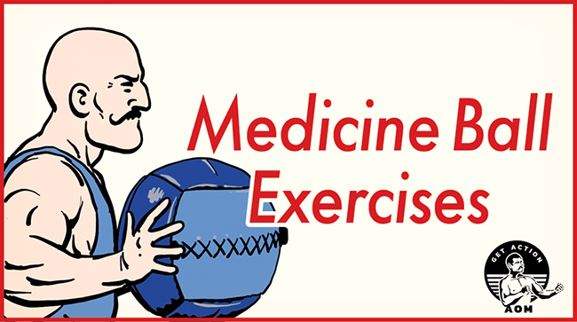 Illustration of a muscular man holding a medicine ball, featuring the text "Medicine Ball Exercises" to highlight effective exercises with medicine ball, plus a small logo in the bottom right corner.