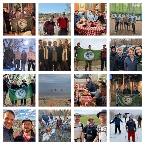 A collage of men in various settings—outdoors, dining, and group shots—some holding a green flag with a circular white emblem, captures the spirit of The Strenuous Life. Now accepting Summer 2025 Enrollment.