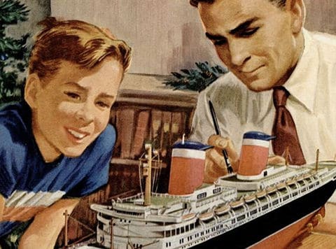 father son model building vintage illustration father son building model together