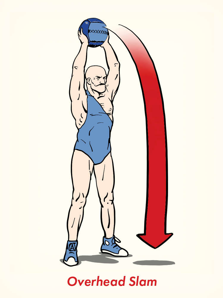 Illustration of a person in athletic wear holding a medicine ball overhead, preparing to slam it downward with force. Text below reads "Overhead Slam"—a powerful move often featured in medicine ball exercises and workouts.