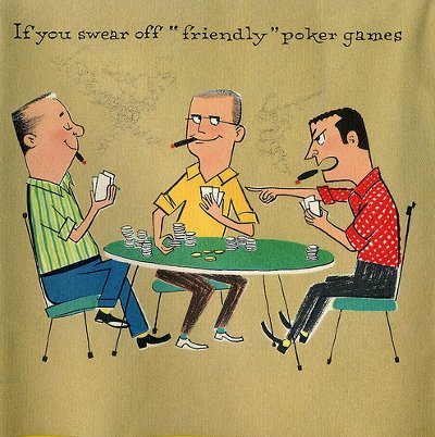 A card displaying three men enjoying a game of poker.