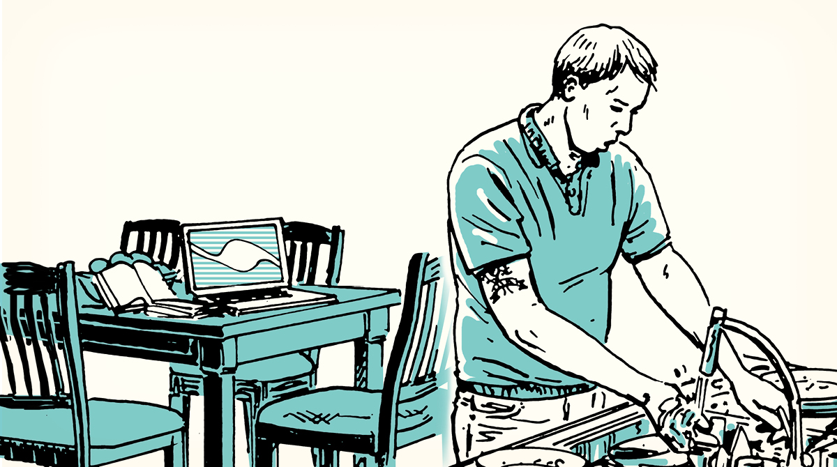 An illustration of a man washing dishes, practicing good hygiene.