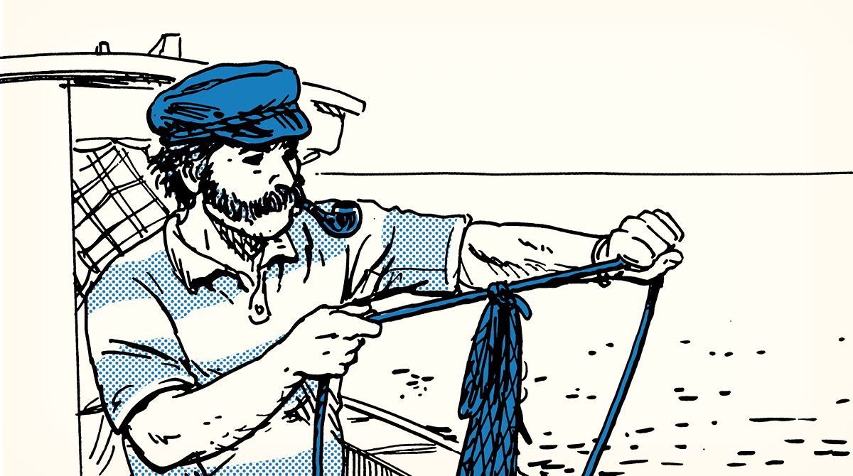 An illustration of a man on a boat, taking care of the rope.