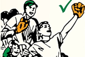 Illustration of a baseball player catching a souvenir baseball with a checkmark indicating success.
