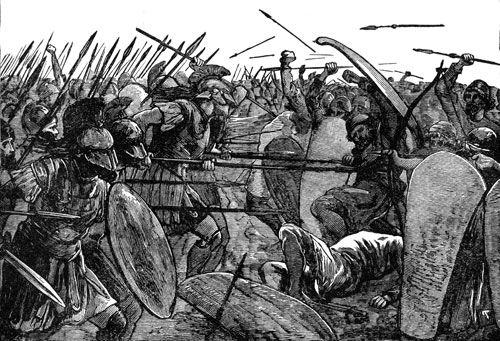 Spartan warriors in battle with swords illustration.