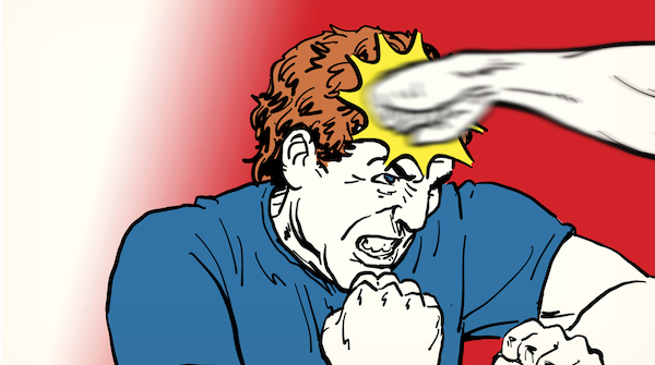 A cartoon illustration of one man punching another, showing the impact of taking a punch.