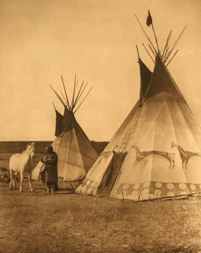 Vitnage native american in front of teepee with horse.