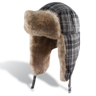 Plaid pattern trapper hat with furry front and interior.