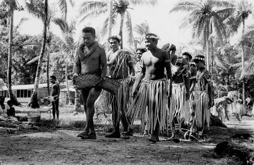 Vintage Trukese tribe war dance ceremony.
