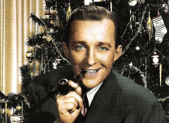 Bing Crosby Christmas Bing Crosby smoking a pipe in front of christmas tree illustration.