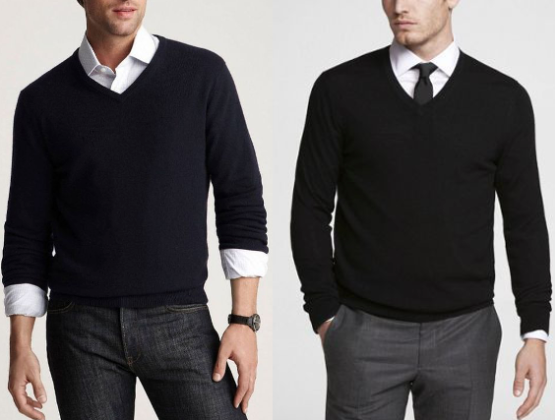A men in a black v-neck sweater with and without tie.