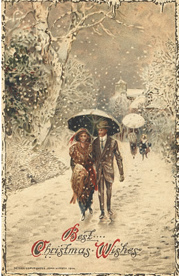 vintage Christmas card couple Couple walking in snowy lane on christmas.