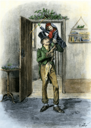 Vintage Christmas carol Illustration of man carrying a christmas boy.