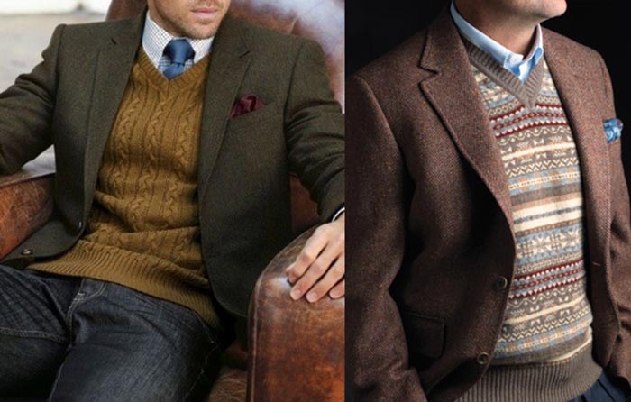 Men wearing v-neck sweater with different patterns.