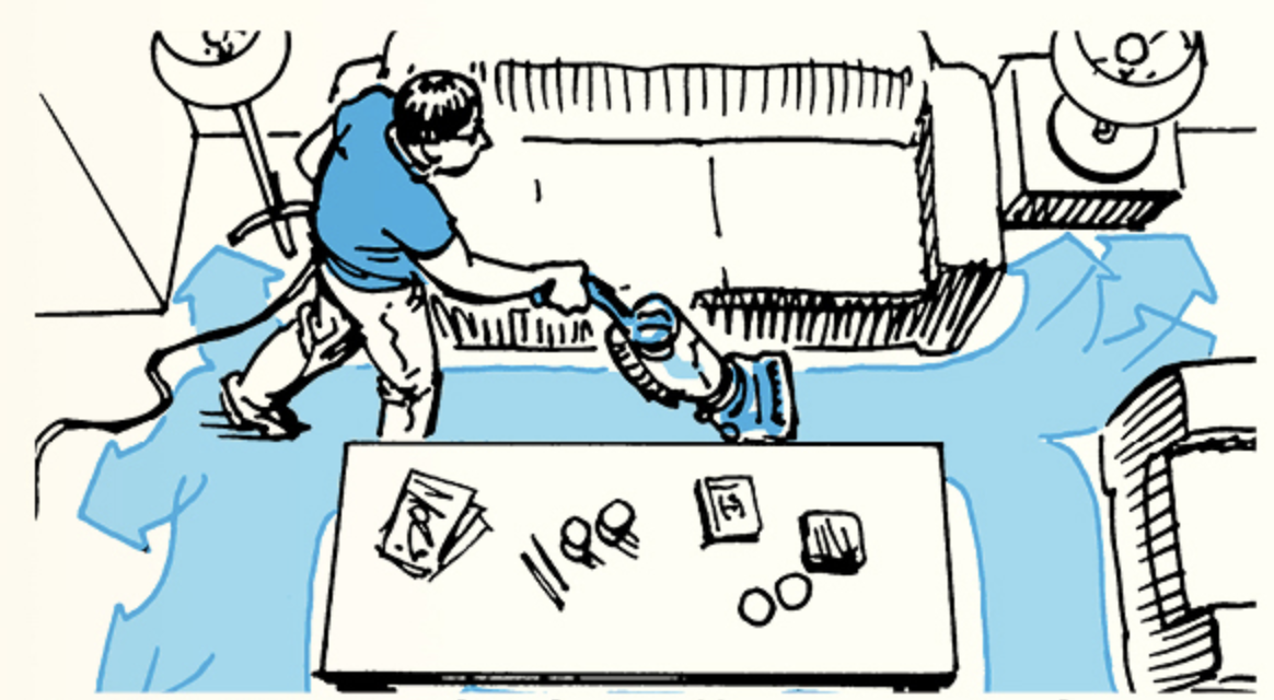 A drawing of a man cleaning a house with a vacuum in 30 minutes.