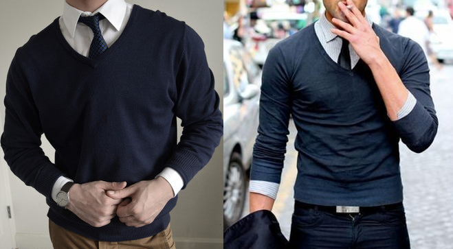 Men wearing sweater that's too big on left, too small on right.
