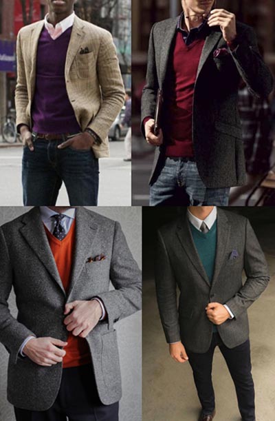 Men wearing v-neck sweaters in different colors.